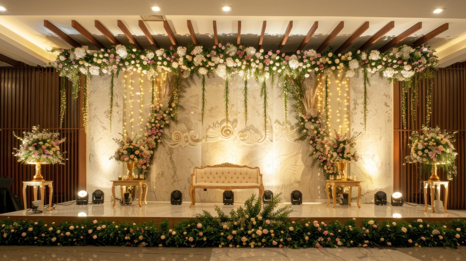 Wedding stage decoration background inside the building with elegant and beautiful flower decorations