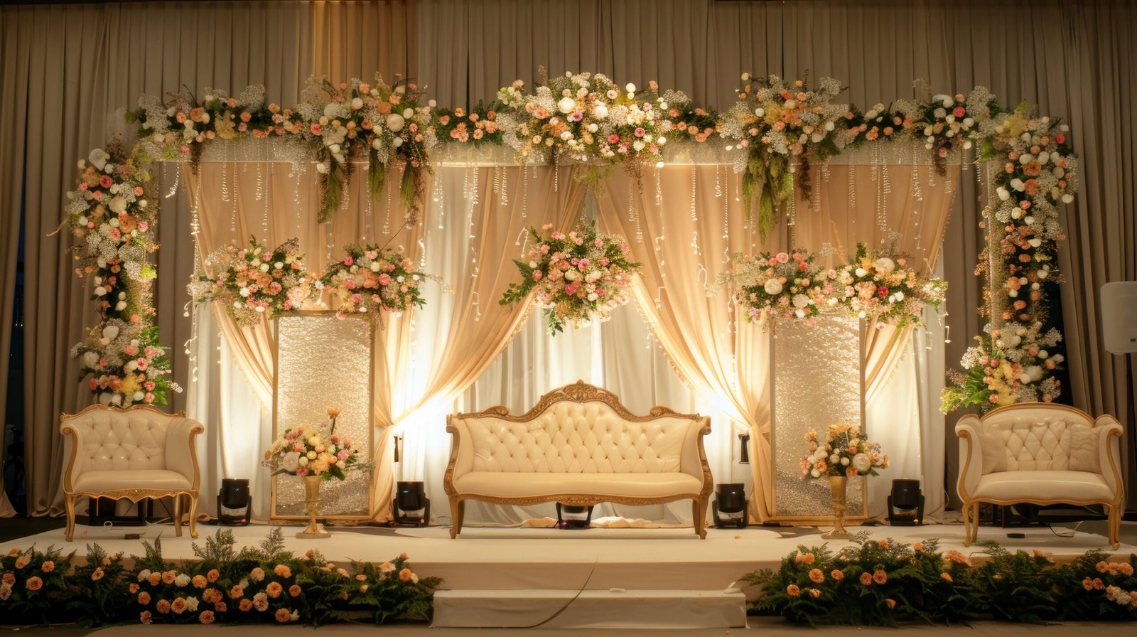 Wedding stage decoration background inside the building with elegant and beautiful flower decorations